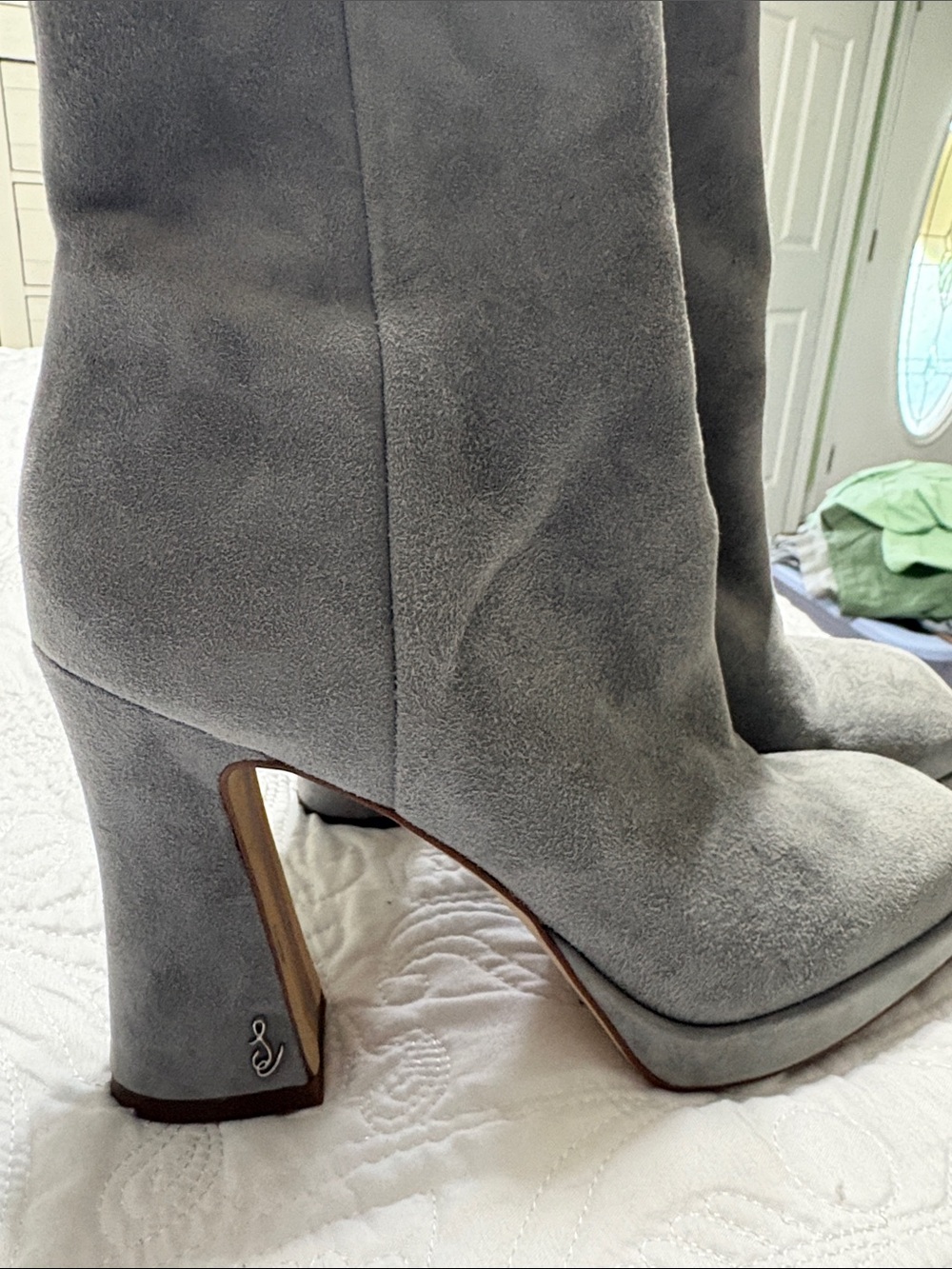 Women's Gray Suede High Heel Boots with Sculpted Block Heel